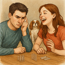 Two young adults, a man and a woman, playing the game of Nim at a table. The woman is laughing heartily, while the man is thinking deeply with a focused expression. A King Charles spaniel sits in the background. Warm indoor setting.