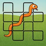 Illustration d�une grille 5x5 de carr�s bleus p�les avec un trajet noir continu d�j� dessin� en boucles rectilignes (comme sur un plan de labyrinthe). Sur un petit segment de ce trajet noir, ajoute un serpent vert stylis� qui � �pouse � exactement le chemin : son corps suit le trait noir, avec la t�te l�g�rement en avant sur le trac� et la queue qui le rejoint derri�re. Le serpent doit rester fin et discret pour qu�on voie encore le chemin noir sous lui. Arri�re‑plan : vaste campagne verdoyante, collines douces, quelques arbres �pars, ciel bleu clair avec quelques nuages blancs l�gers. Style : illustration 2D propre, couleurs vives mais douces, ambiance paisible et ludique.