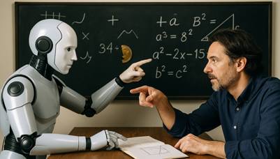 A robot and a mathematician collaborating on solving a complex mathematical problem, with equations and diagrams on a whiteboard.