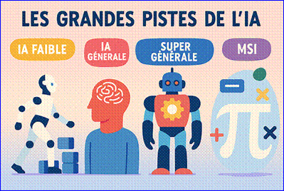 Illustration p�dagogique des types d'intelligence artificielle. Titre en haut : 'Les grandes familles de l'IA'. Quatre bulles horizontales color�es avec titres corrig�s : 1) 'IA faible' avec un robot sp�cialis� ; 2) 'IA g�n�rale' avec une silhouette humaine entour�e de symboles vari�s ; 3) 'IA forte' avec une figure humano�de sur�lev�e et lumineuse ; 4) 'MSI (Super Intelligence Math�matique)' avec une balance et des symboles math�matiques (π, √, ∫, =). Style moderne, fond clair, ambiance acad�mique.